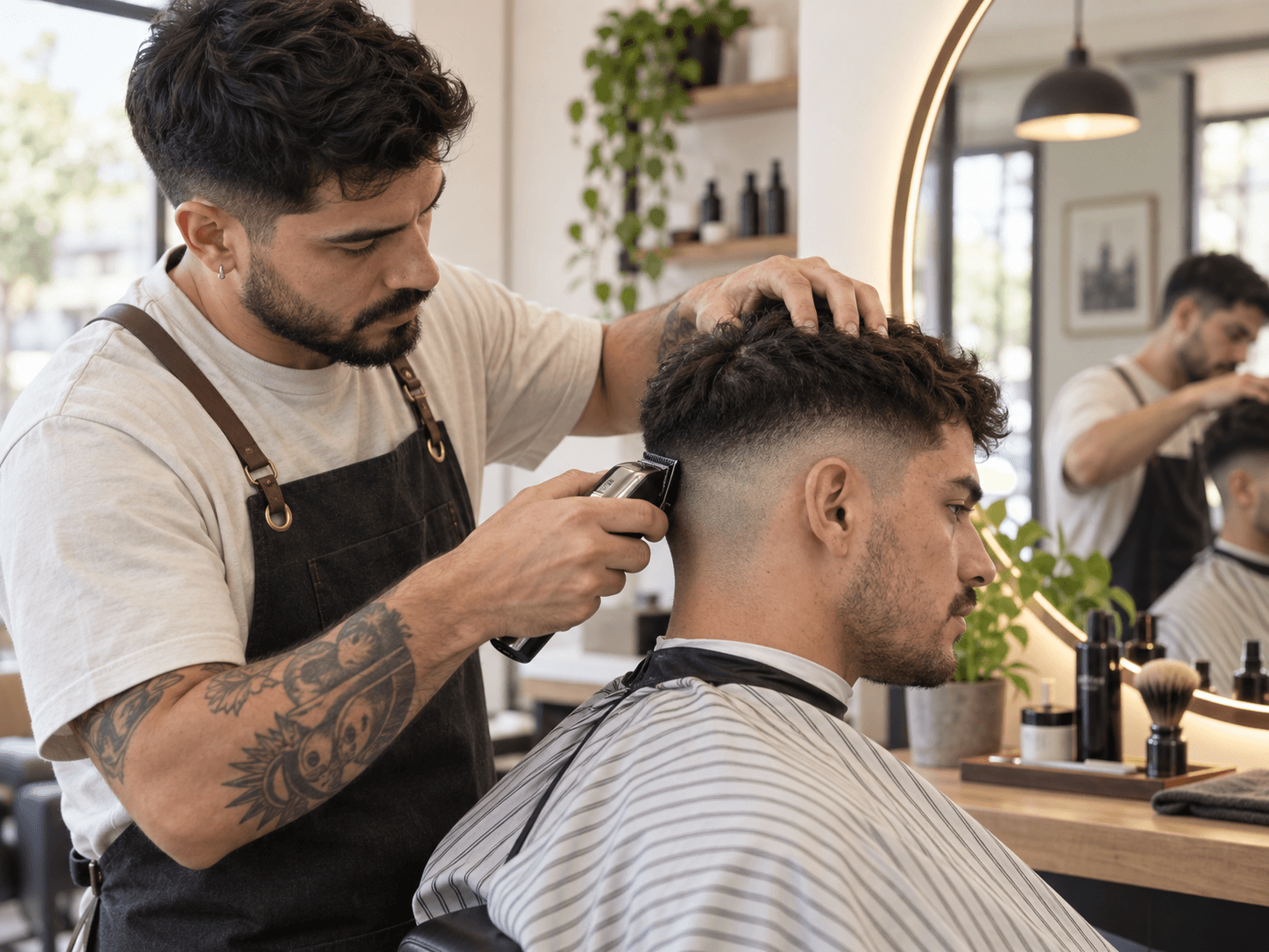 Un barbero realiza un corte de cabello