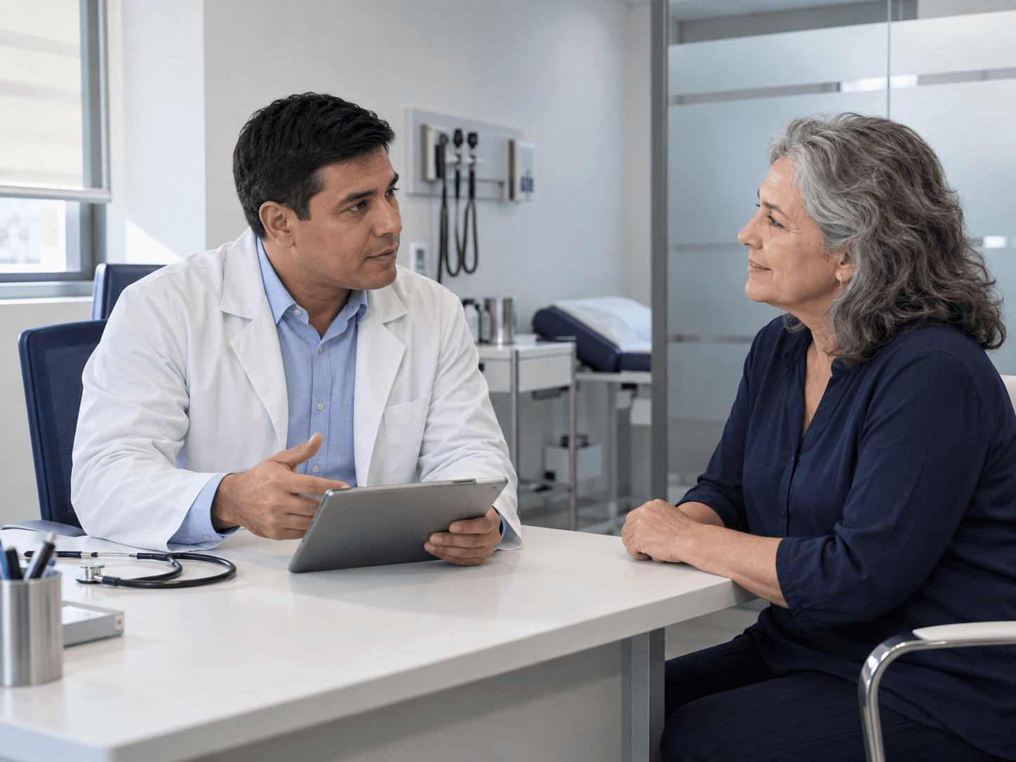 Un médico conversa con su paciente en el consultorio