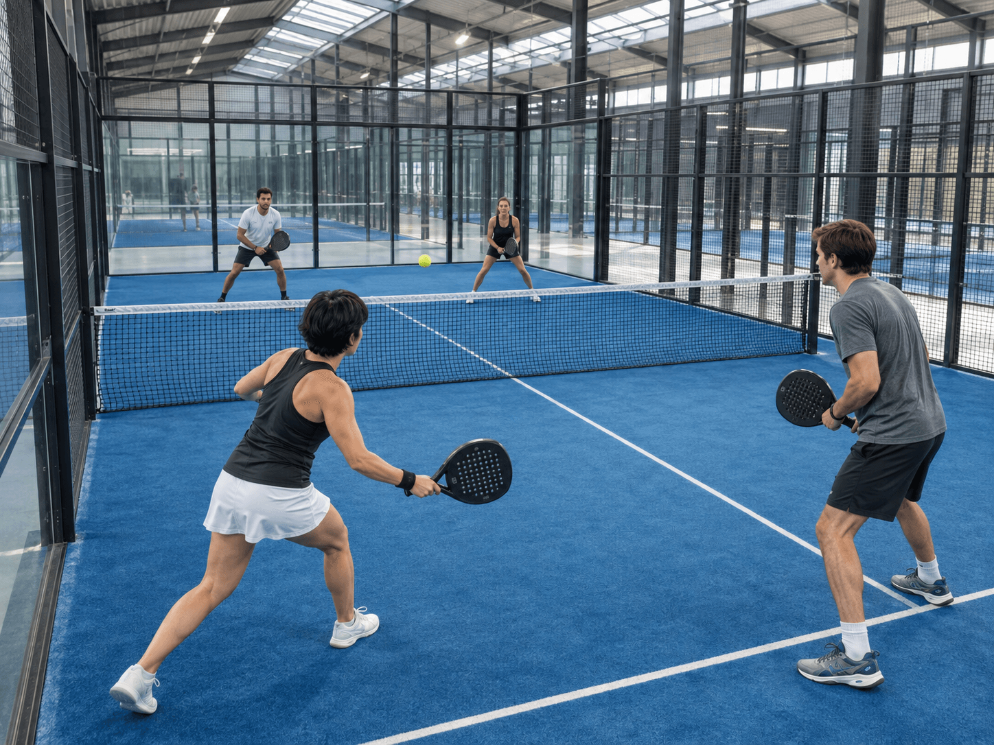 Cuatro personas juegan al pádel en una cancha cubierta