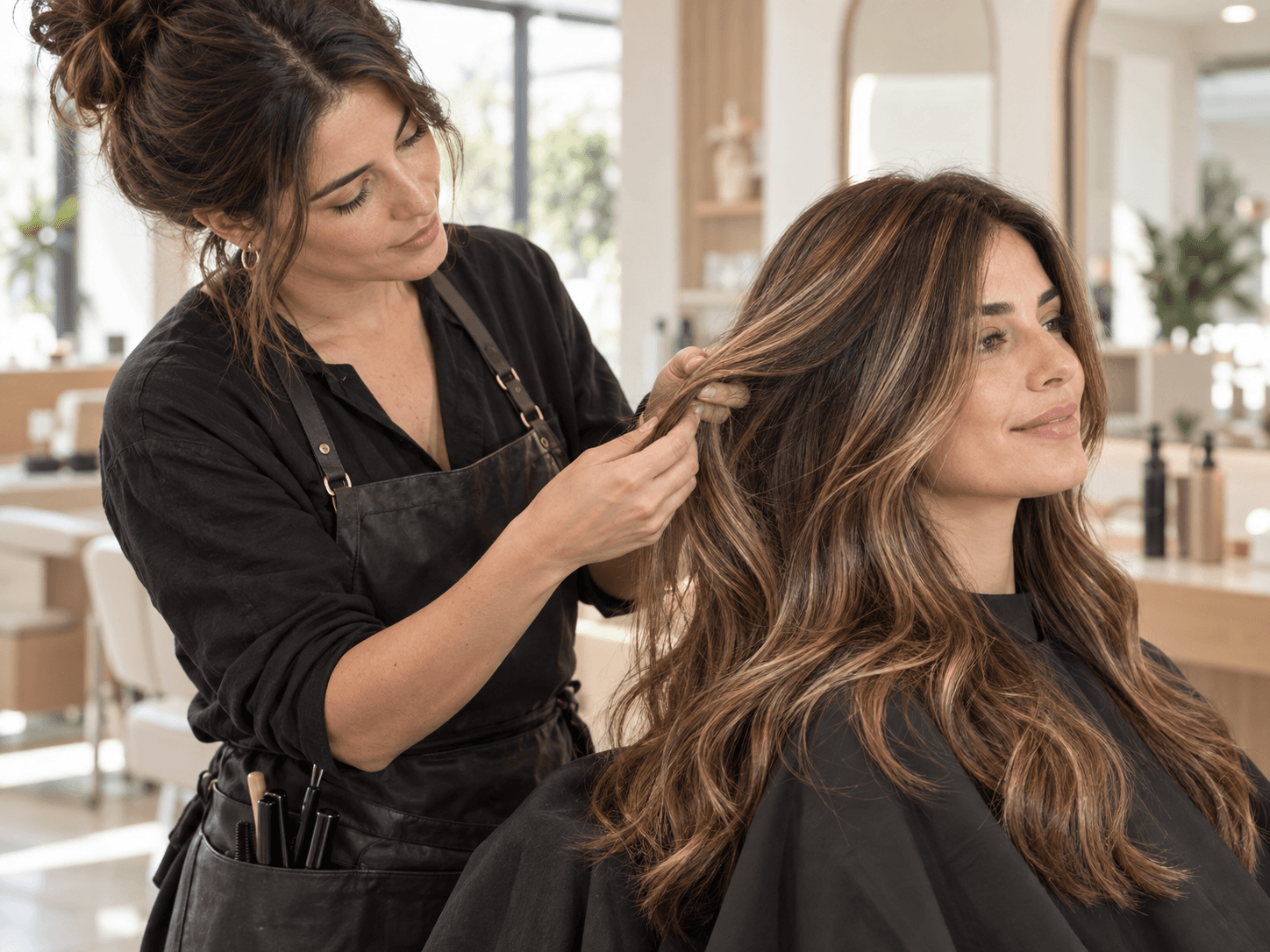 Una peluquera peina el cabello de su clienta