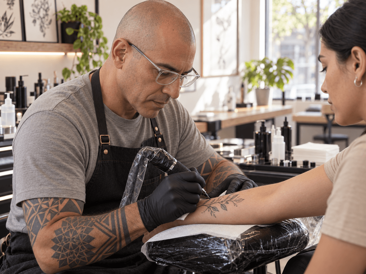 Un tatuador trabaja en el brazo de su clienta