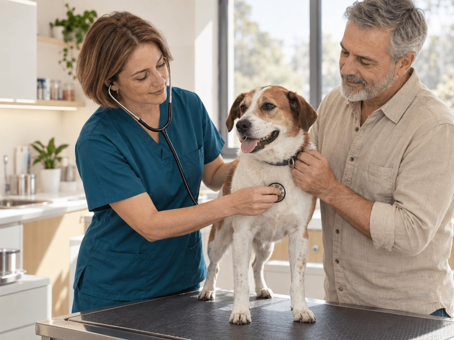 Una veterinaria atiende a un perro junto a su dueño